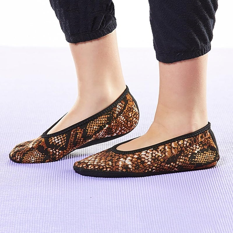 Nufoot Ballet Flats: Women's House Slippers for Indoor Use, Neoprene Socks with Slip-Resistant Soles, Wear as Yoga or Pilates Shoes, Gold Snake, Large - Image 4
